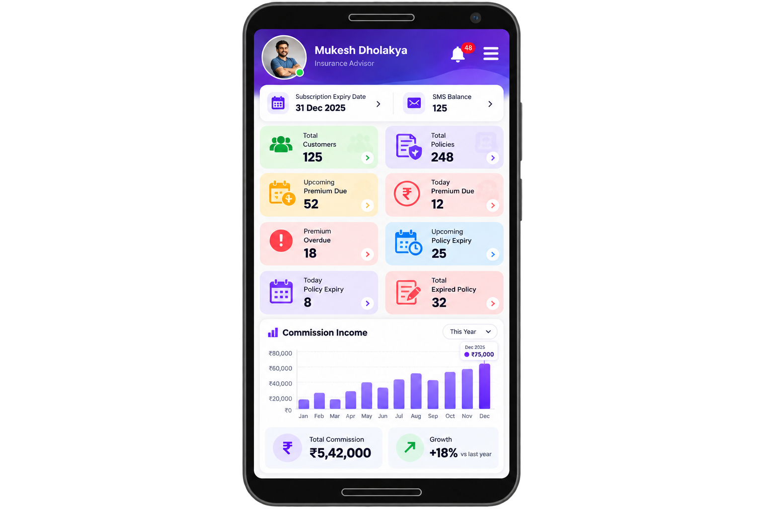 Smart Agent insurance agent mobile app for managing customers, policies and renewals on a smartphone